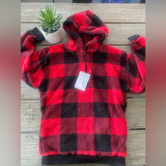 Girls Red & Black Sherpa Fleece Hooded Pullover Sweatshirt, Sz 14-15 - Picture 5 of 6